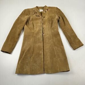 Margaret Godfrey Coat Womens 6 Tan Suede Leather Embroidered Floral Button Lined